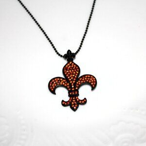 Orange Fleur-de-Lis Rhinestone Pendant Necklace Mardi Gras New Orleans Carnival